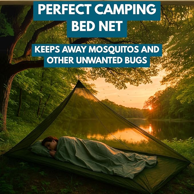 The Friendly Swede Outdoor Mosquito Net — Mosquito Netting for Camping & Bed; Army Green Bug Net with Stuff Sack, 4 Ground Stakes & Adjustable Cord; Single Bug Tent