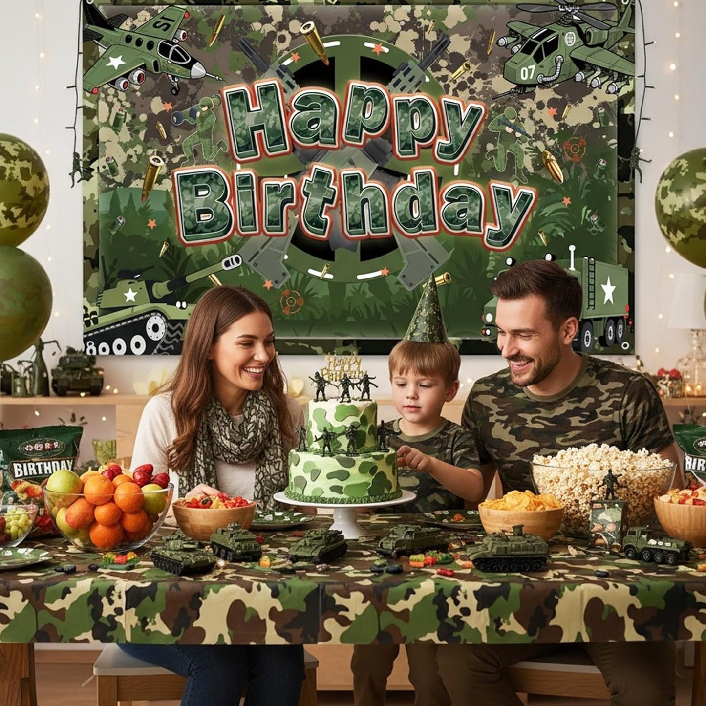 Army Camo Happy Birthday Backdrop Banner - Camouflage Military Theme Party Decorations, Large Vinyl Photo Background for Army Birthday Party Supplies 7x5 FT (71x43 In)