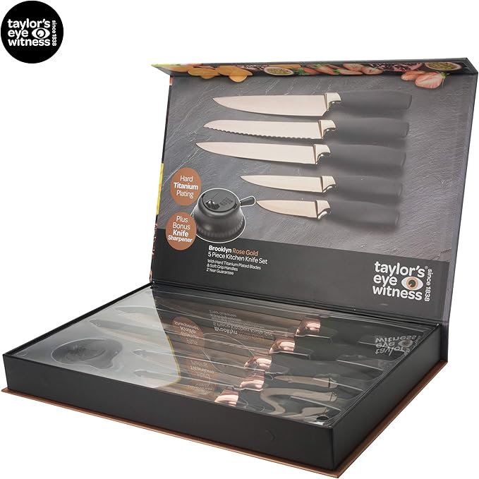 Taylors Eye Witness 5pc Kitchen Knife Gift Set - Brooklyn Rose Gold Colored Bolsters, Matching Razor Sharp Titanium Coated Blades. Soft Grip Handles. 2yr Peace of Mind. Extra Sharpener for Knives