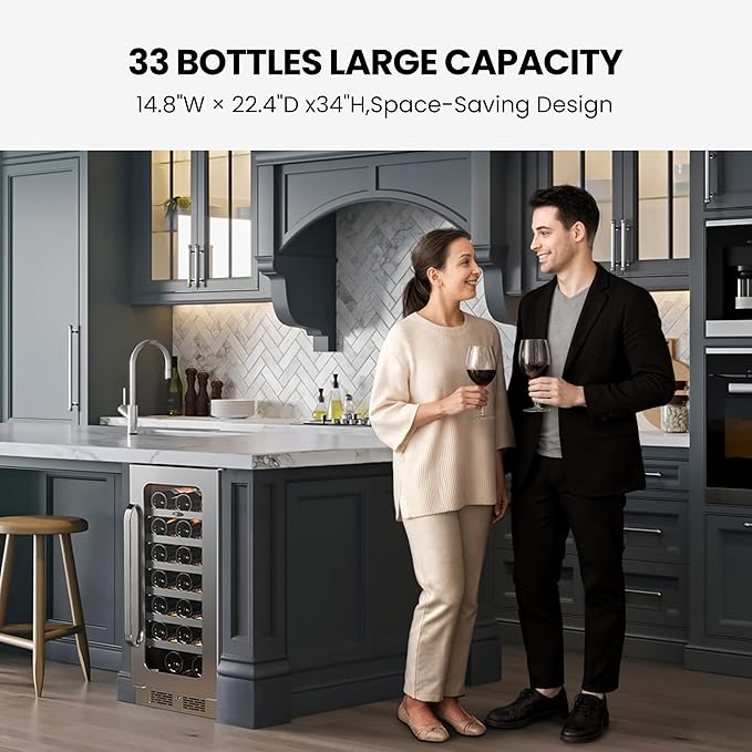 Whynter 33 Bottle Wine Fridge, 15 Inch Wine Cooler Refrigerator Glass Door, 40-65°F Digital Temperature Control, 3 LED Wine Cellar, Built-in or Freestanding for Home Bar Kitchen Office(3.0 cu.ft)