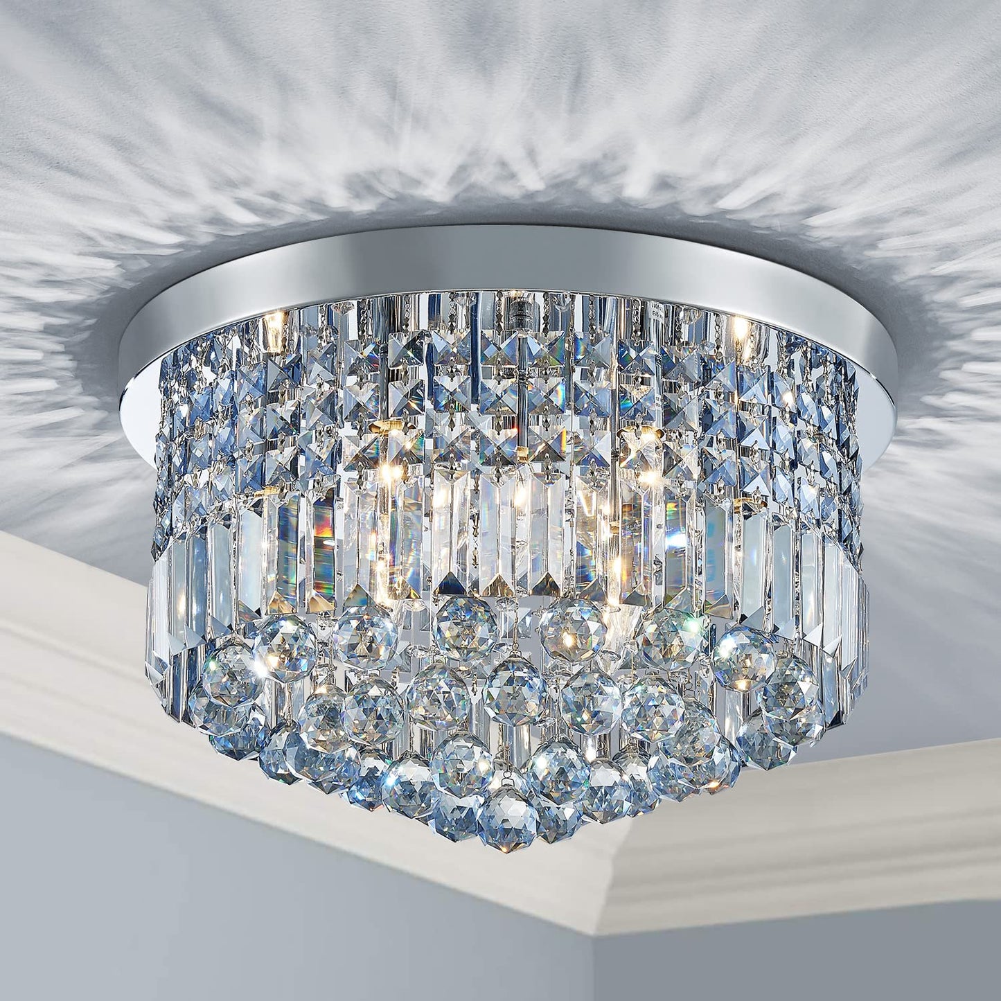 SM Saint Mossi 9 Light Modern K9 Crystal Chandelier, Flush Mount, H 11in x D 20in, Light Blue Crystal & Chrome Finish, Model SM-DY-22017-