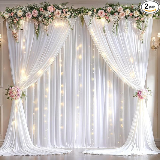 Wish Care 10x10ft White Backdrop Curtains with Lights String for Parties Wrinkle Free White Curtains Soft Fabric Photo Dra...