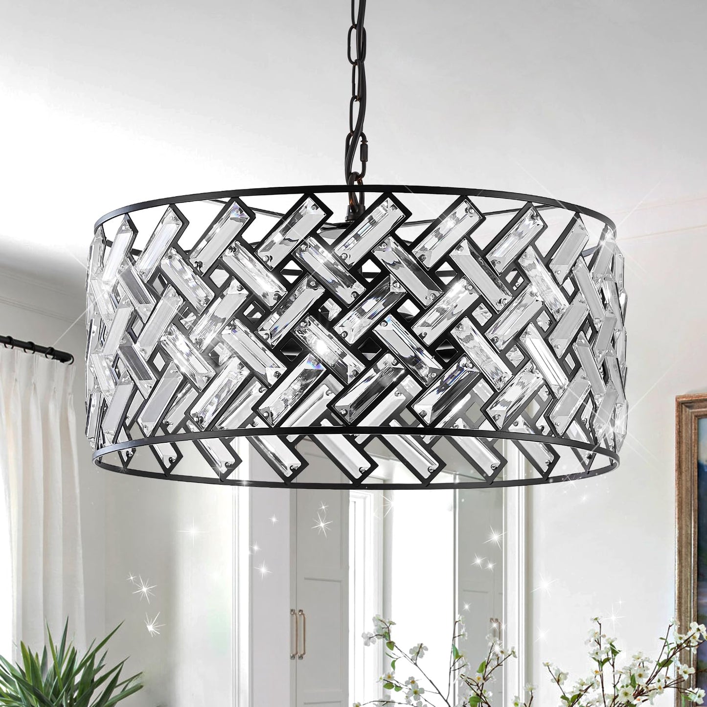 Catiner Black Modern 18 Crystal Chandelier, 6-Light Semi Flush Mount, Metal Drum Shade For Kitchen, Dining Room, Bedroom, Hallway
