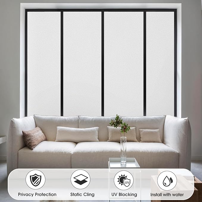 Coavas Window Privacy Film Frosted Glass Static Clings, Decorative Bathroom Door Privacy Film Day and Night, Heat UV Blocking Anti-Glare Frosting Stickers Renter Non-Adhesive, 23.6 x 118.1 Inch, White