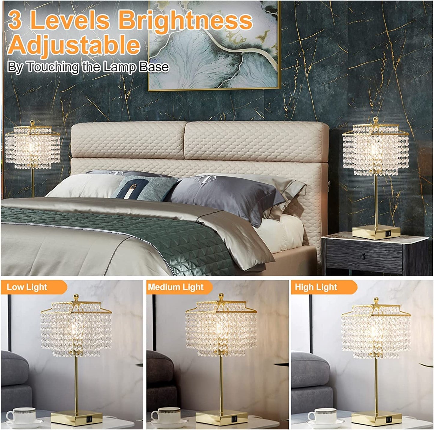 Luvkczc Crystal Table Lamp, Touch Control, 3-Way Dimmable, 6W LED Bulb Included, Gold Finish
