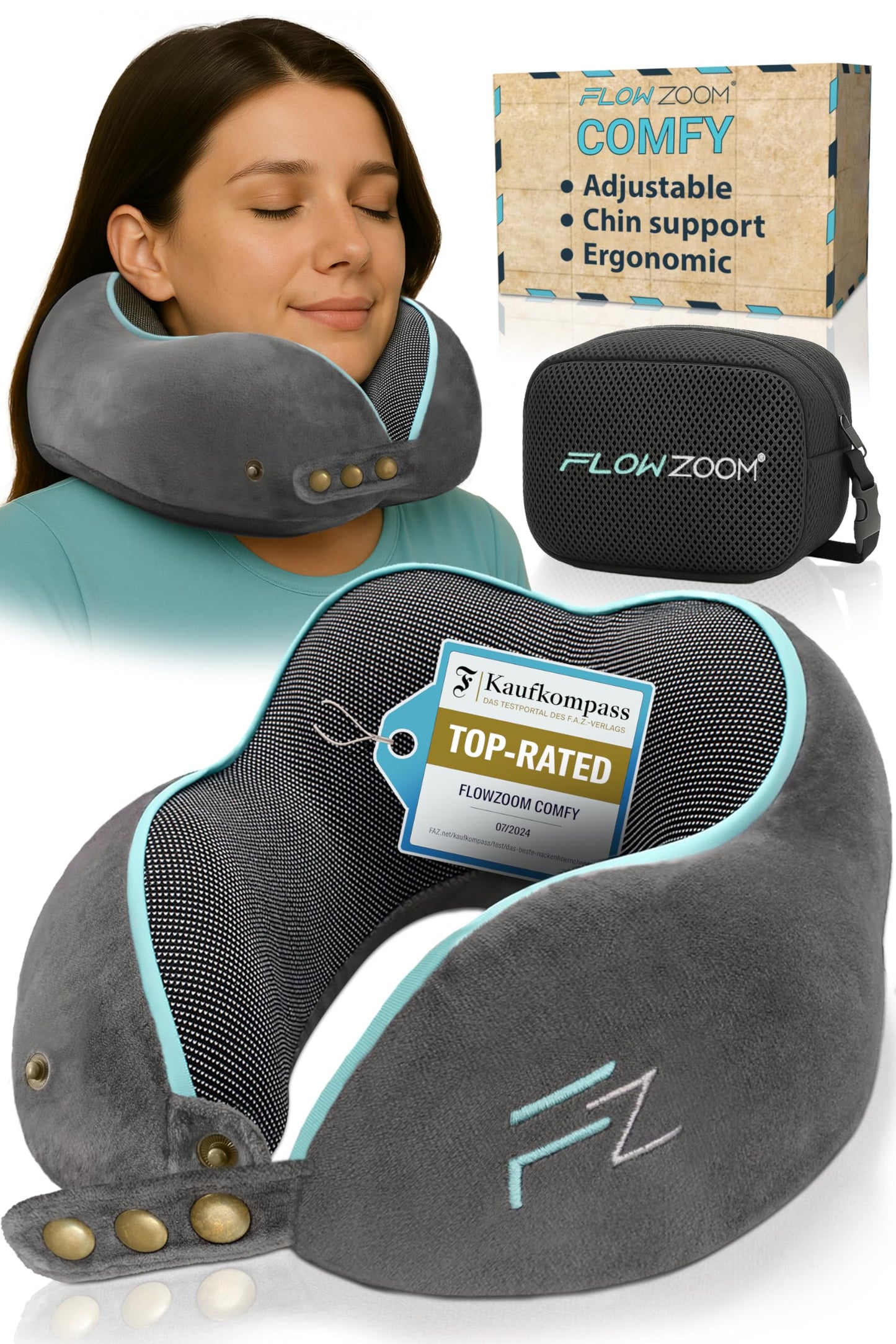 FLOWZOOM Memory Foam Travel Pillow for Airplanes & Car Rides - Adjustable Airplane Pillow with 360° Chin and Neck Support for Comfy Naps, Extra-Soft Washable Neck Pillow Cover, Squeezy Mesh Bag - Grey