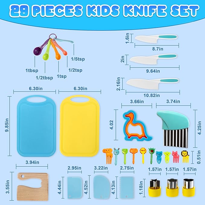 30 Pieces Toddler Knife Set, Kids Knives for Real Cooking, Kids Cooking Sets Real-Montessori Kitchen Tools with Cutting Board Crinkle Cutters Kid Safe Knives