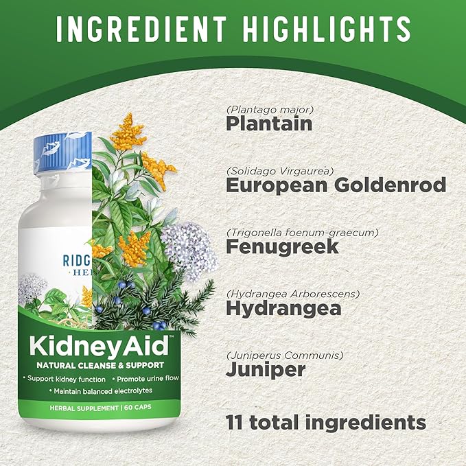 Ridgecrest Herbals KidneyAid, Kidney Health Support Supplement, Hydrangea, Horsetail, Urinary Tract Health Support, Trace Mineral (60 Caps, 30 Serv)