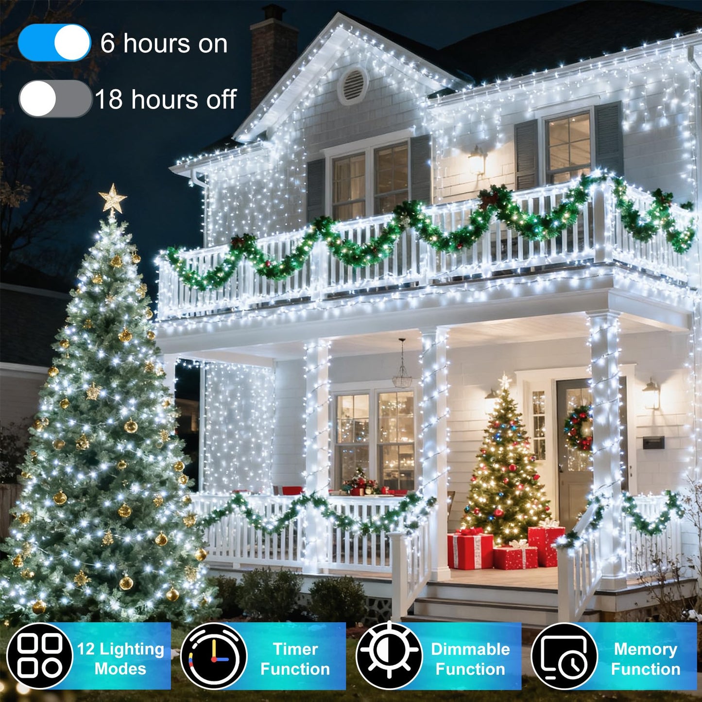 340 Led 90Ft Christmas String Lights Outdoor  12 Pro Modes And Timer Memory & Brightness  Plug In Waterproof Dark Green Wire Twinkle Light For For Xmas Yard Tree Wedding Party Decor (Cool White)