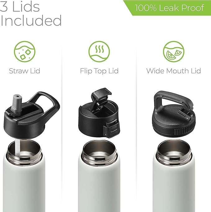 SipX™ Triple-Insulated Stainless Steel Water Bottle 25oz. With 3 Lids, BPA-Free Reusable Insulated Water Bottle Keeps Cold 24 Hours, Metal Water Bottle Made Of Sustainable Material For Hiking & Biking