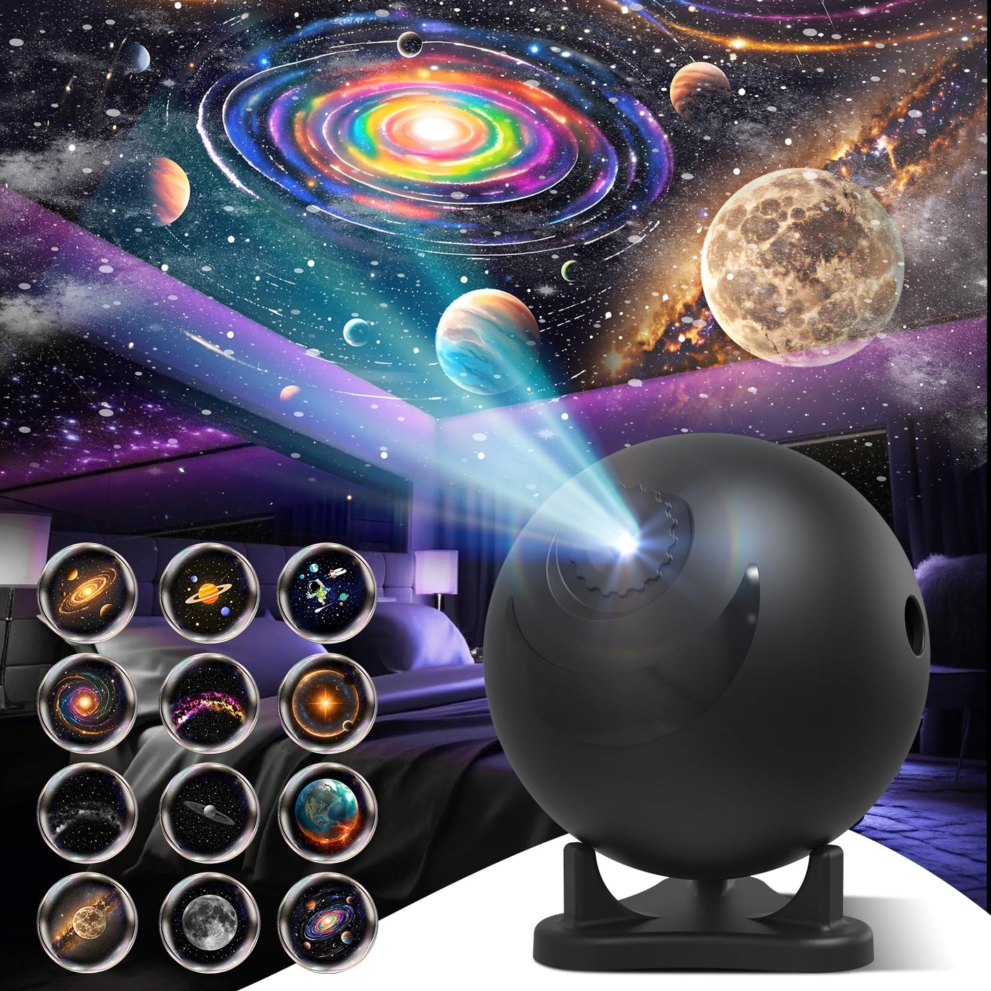 FSSQBFLC  tarium Projector - Galaxy Projector Star Night Light, LED, Black, Model HT-B01, 12 Image Discs for Kids & mature-themeds Room Decor