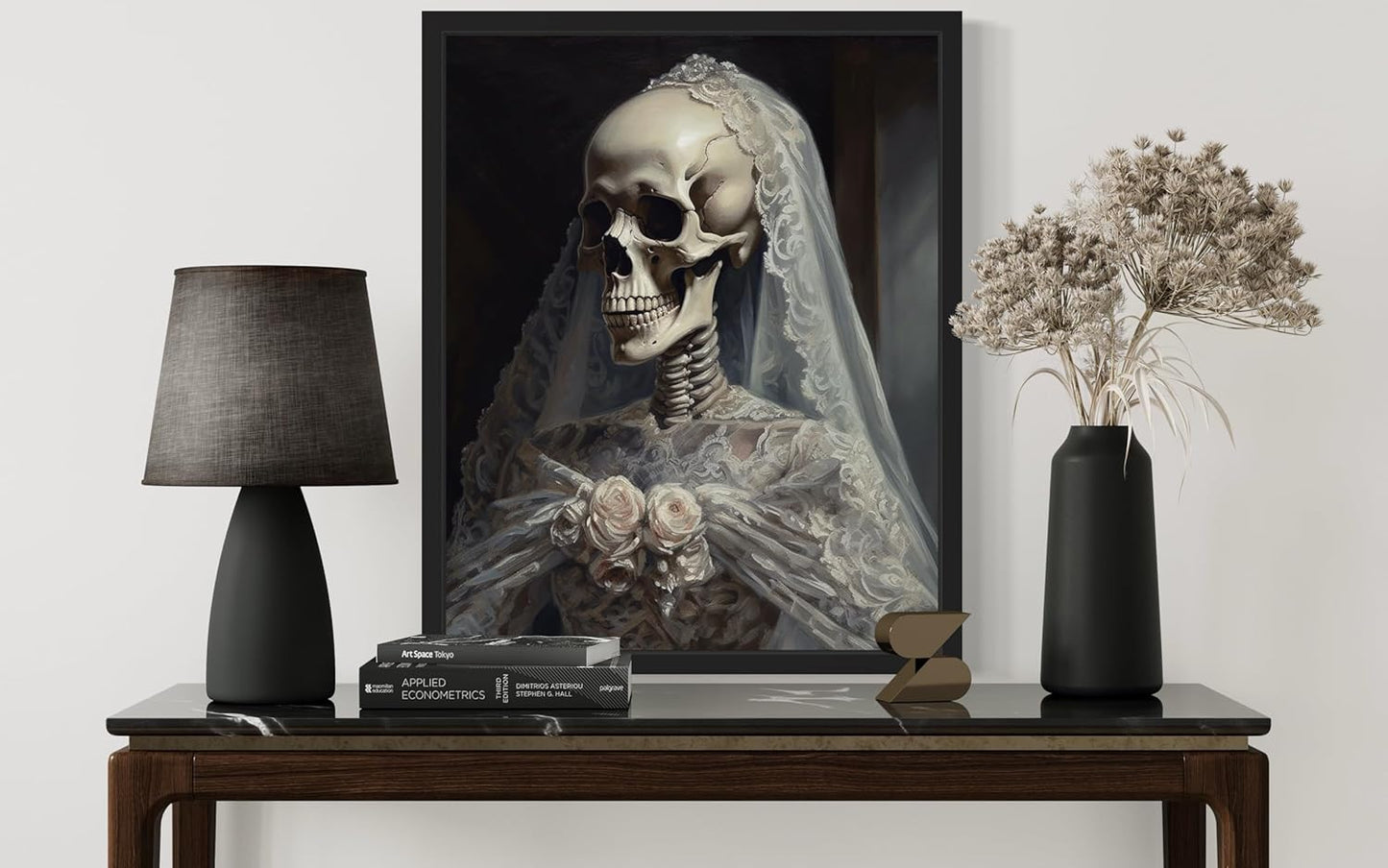 Skull Gown Poster Art Print, Halloween Scary Vintage Wall Art Academia Spooky Painting Decoration for Horror Prints, Gothic Posters Bedroom Decor 89 (Skull Gown, 8 x 10 inches, Black Frame)