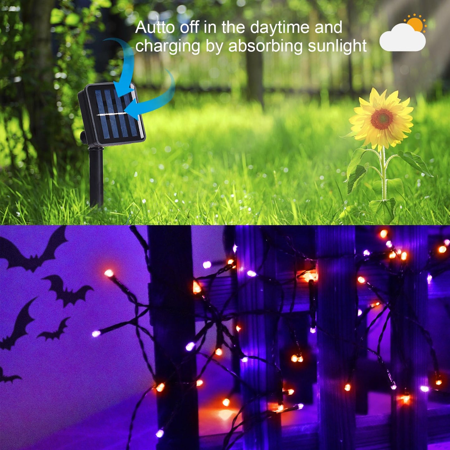 Amadecohome 2 Pack 400 Led Solar String Lights, Waterproof, 8 Modes, Orange-Purple, For Outdoor Holiday Decor, Model Sl0