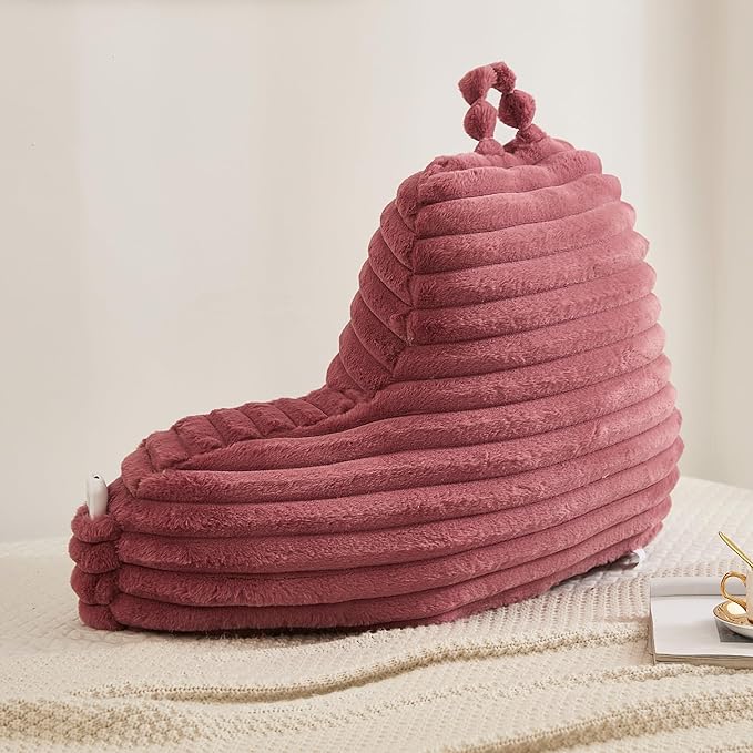 Faux Fur Fluffy Dusty Rose Reading Pillow with Pockets, Luxury Striped Plush Decorative, Arm Rests and Back Surport for Bed Rest, Lounging on sofa, Standard