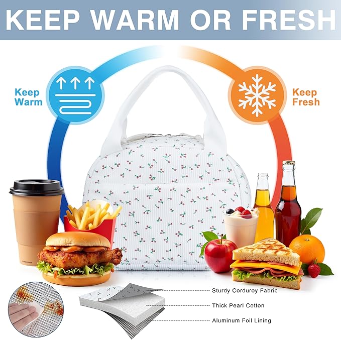Lunch Bag - Insulated Lunch Box for Women, Reusable Large Capacity Cooler Bag for Adult, Small Leakproof Cute Corduroy Lunch Tote for Work Office Travel Picnic (Corduroy Cherry)