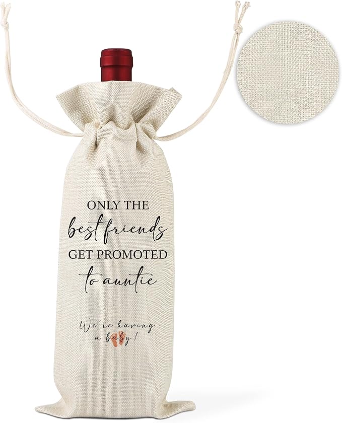 Only The Best friends Get Promoted To Auntie,Pregnancy Announcement Wine Label,New Aunt Gifts,Baby Announcement to Friends,Pregnancy Reveal,Gifts for aunts, uncles,1 Drawstring Gift Wine Bag,Q23