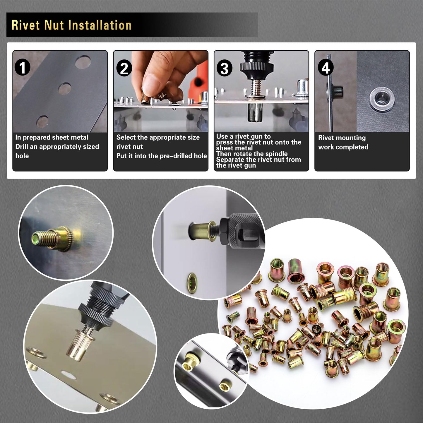Pressure Rivet Nut Tool Kit, 430Pcs Metric Rivet Nut Combination (M8/M6/M5/M4/M3), Suitable for Furniture, Decoration, Automotive, Marine and Industrial Applications