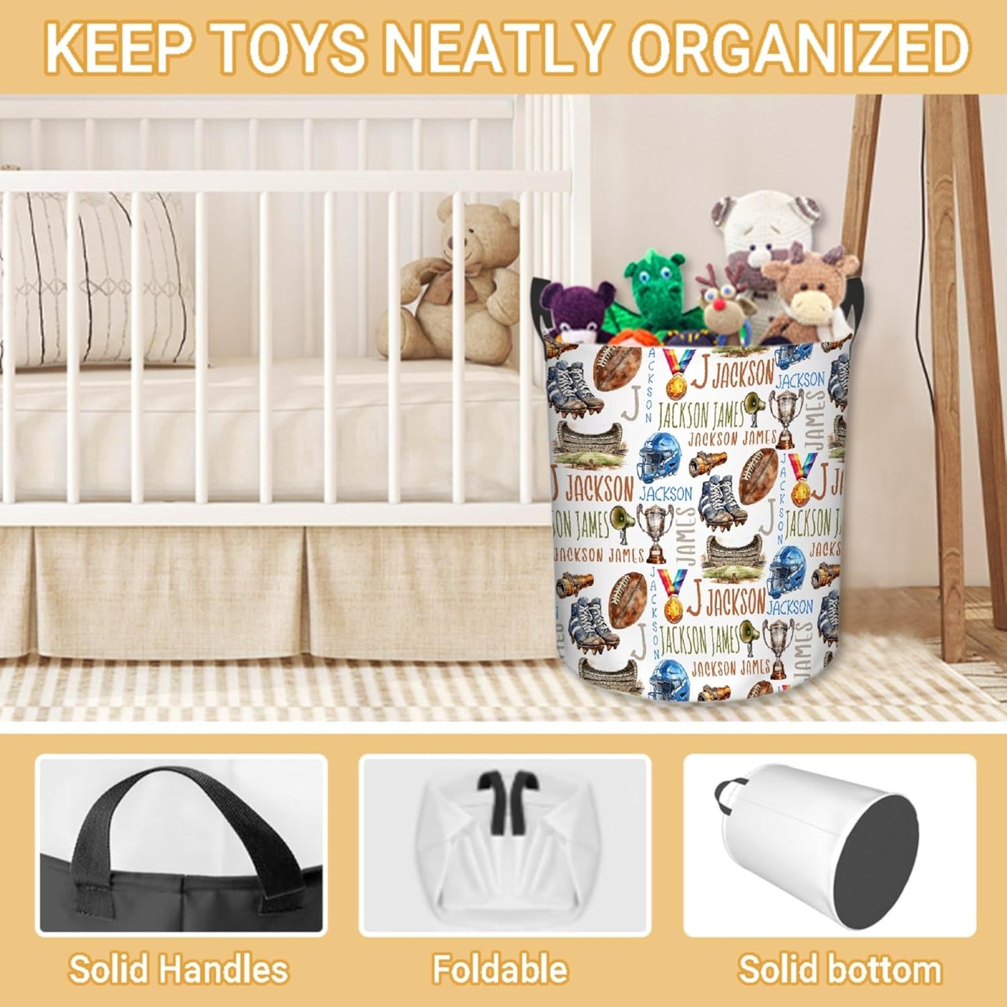 Personalized Football Laundry Basket, Custom Sports Laundry Hamper With Name Gifts For Kids Baby Adults, Collapsible Dirty Clothes Storage Organizer With Handles M 19.6 X 15.7in