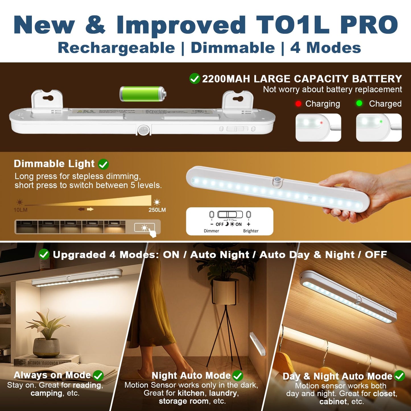 BLS Under Cabinet LED Lighting, Motion Sensor, 14 Inch, 2200mAh Rechargeable, Cool White 6000K, Dimmable, Battery Powered/DC Plug