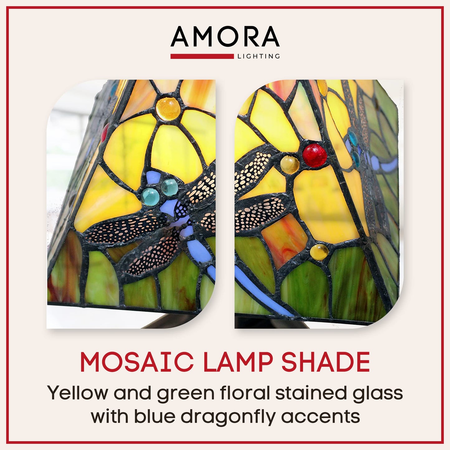 Amora Vintage Tiffany Table Lamp - Floral Blue Dragonfly Table Night Light - Yellow And Green Glass Nightstand Lamp - 15  Tall Stained Glass Lamp