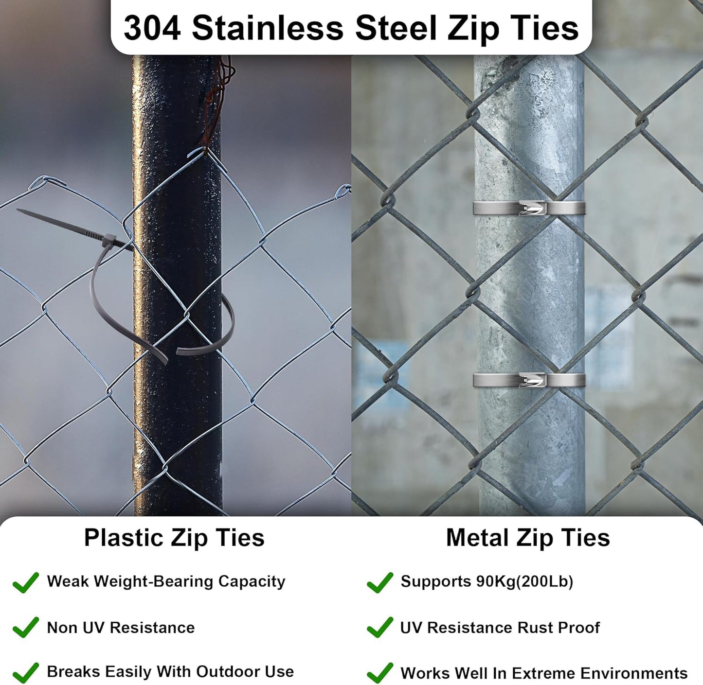 Foneso Metal Zip Ties (7.9 Inch 100PCS), 304 Stainless Steel Short Zip Ties Multi-Purpose Heavy Duty Self-Locking Cable Ties for machinery, fence, vehicles, farms, cables, pipesas well