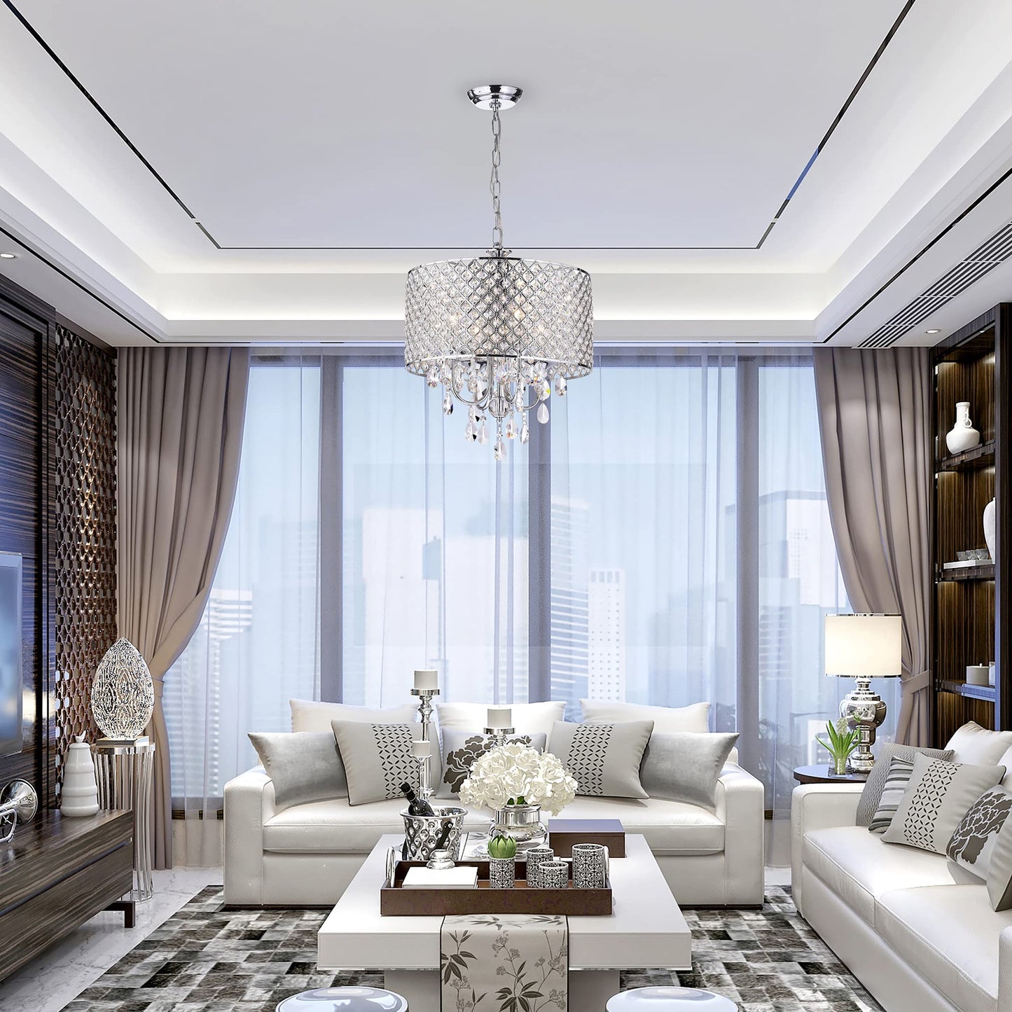 Edvivi Chrome 4-Light Round Crystal Chandelier Ceiling Fixture, Beaded Drum Shade, Model Epg801Ch
