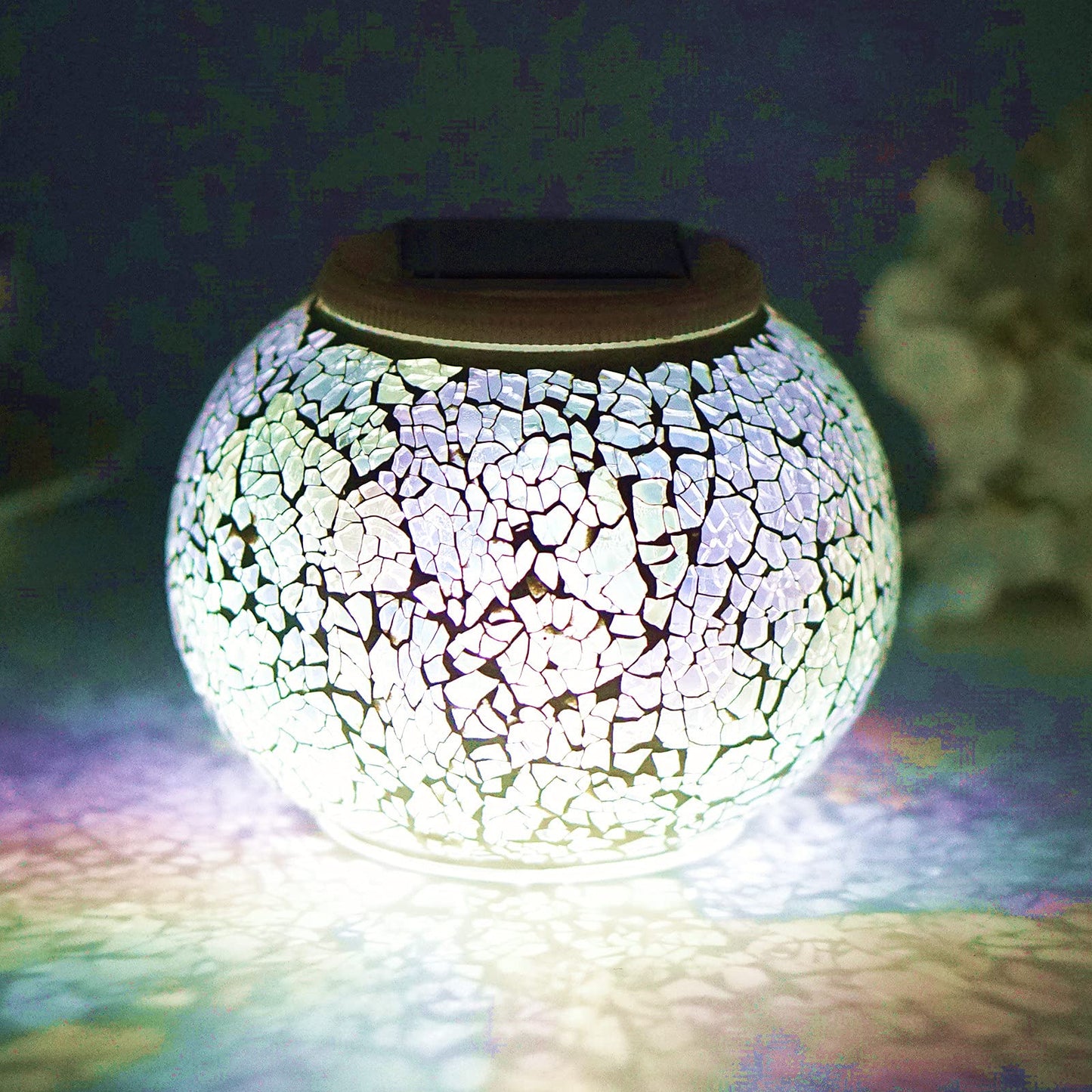 SmilingTown Solar Powered Mosaic Table Lamp - Waterproof LED Night Light,  le Glass, White, Model B07H24K7GX