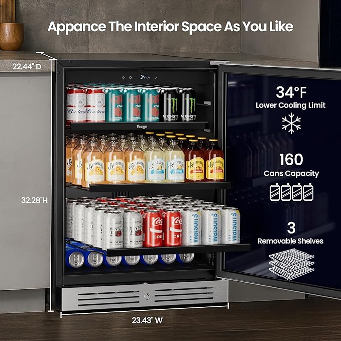 Yeego 24 inch Beverage Refrigerator, 160 Cans Beverage Fridge with Lock & Auto Defrost, Stainless Steel Indoor/Outdoor Refrigerator Freestanding or Under Counter Beverage Cooler for Soda, Beer, Wine