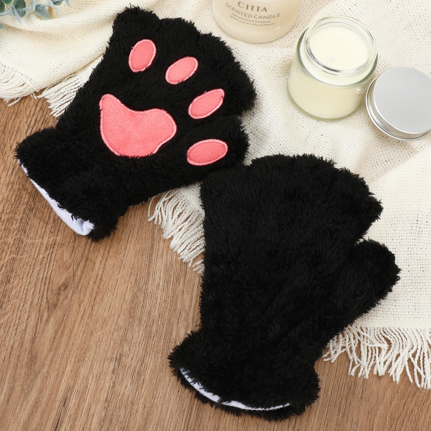 COMNICO Cat Paws Gloves Soft Hand Paw Gear Bear Furry Paw Fingerless Cat Mittens Halloween Cosplay Costume Accessories