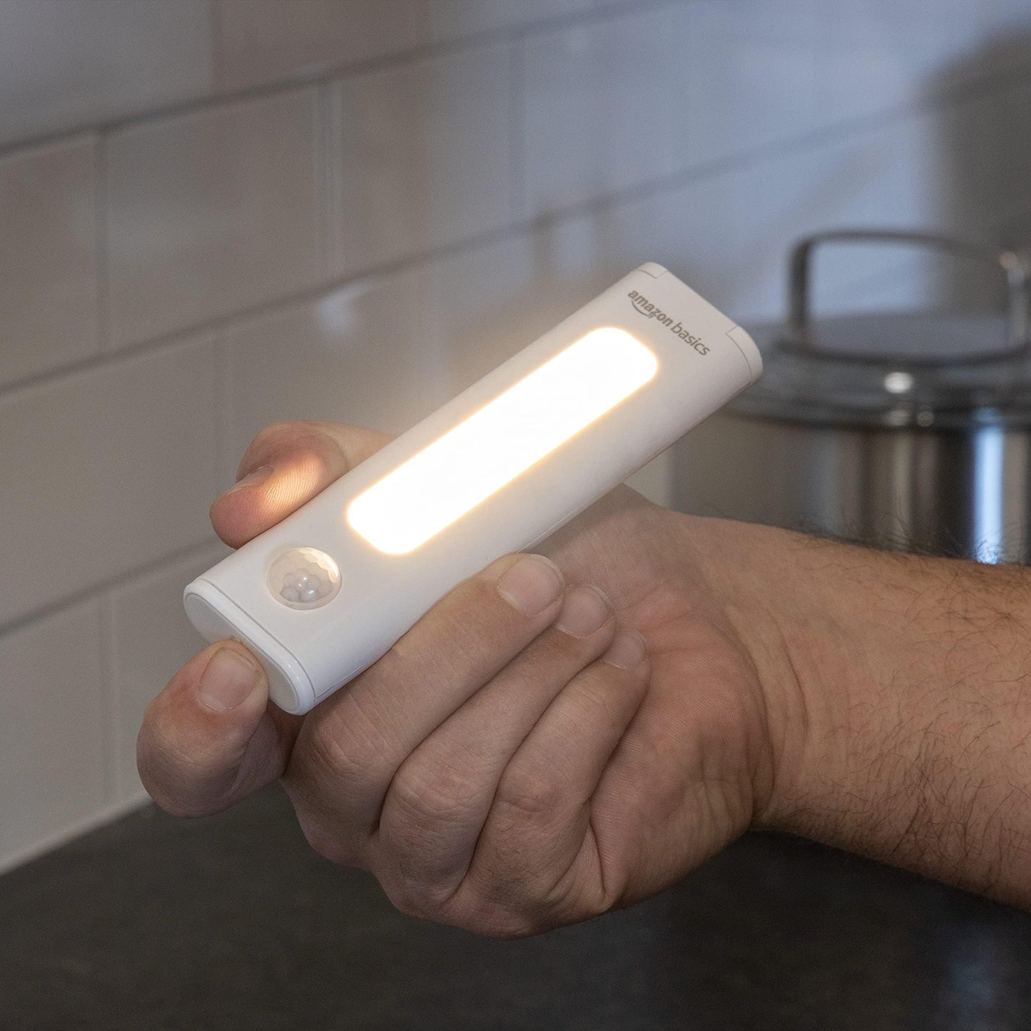 large online retailer Basics Led Stick On Lights, Wireless Motion Sensing, 2 Pack, White, Model 59428, Battery Operated, Portable Under Cabinet Lighting