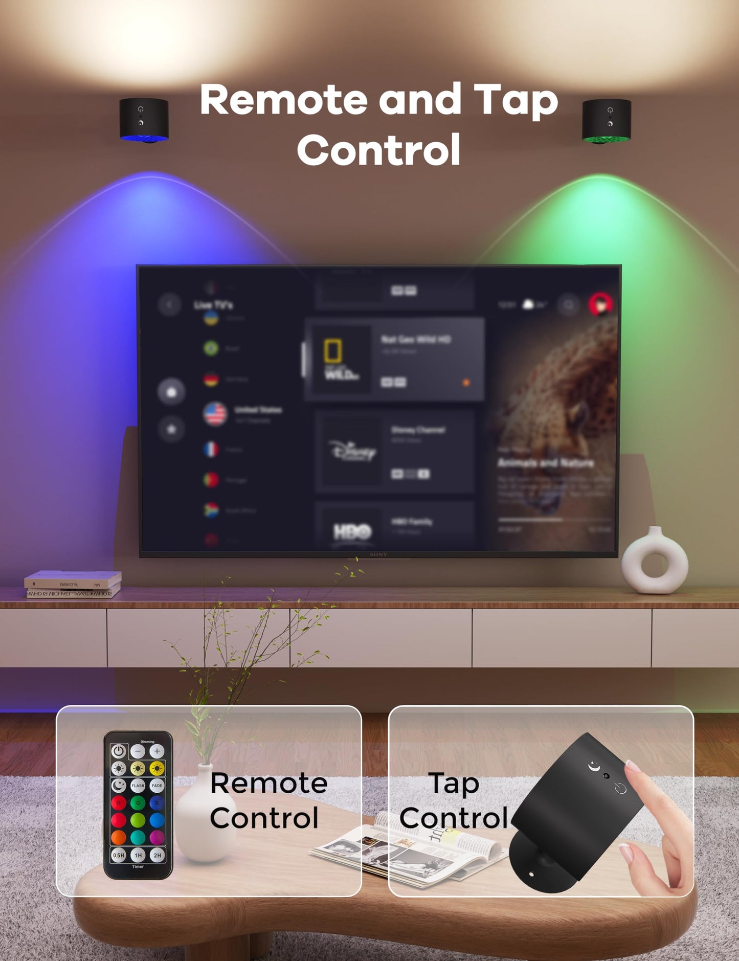 Joyzy Wall Light - Rechargeable RGB LED, Remote Touch Control, 1 Pack, Black/RGB, Model WL001