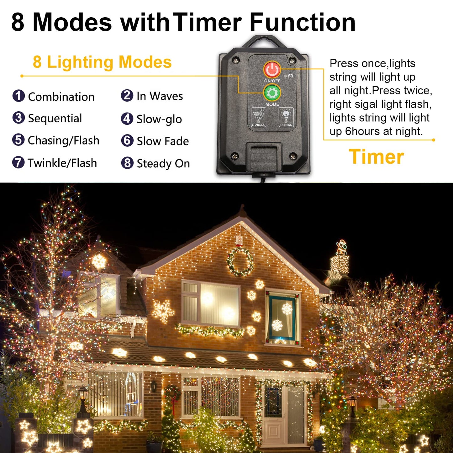 YAOZHOU Solar Christmas String Lights, 400 LED, 151ft, Warm White, IP44 Waterproof, 8 Modes, Outdoor Fairy Lights for Garden, Patio, Party