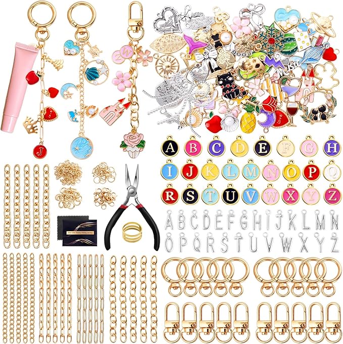 Wurosi 325Pcs Charms Lip Gloss Keychain Making Kit, Including 20 Keychain Clips 25 Extender Chain 118 Charms Jewelry Plie...
