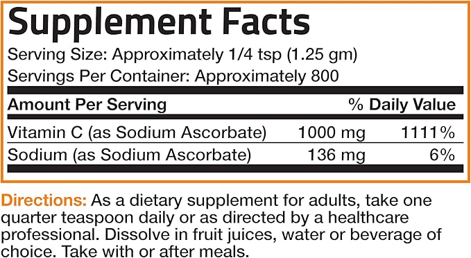 Non Acidic Vitamin C Powder Sodium Ascorbate Non GMO Soluble Fine Crystals - Healthy Immune System, Antioxidant and Cell Protection, 1 Kilogram (2.2 lbs, 35.3 Ounces)