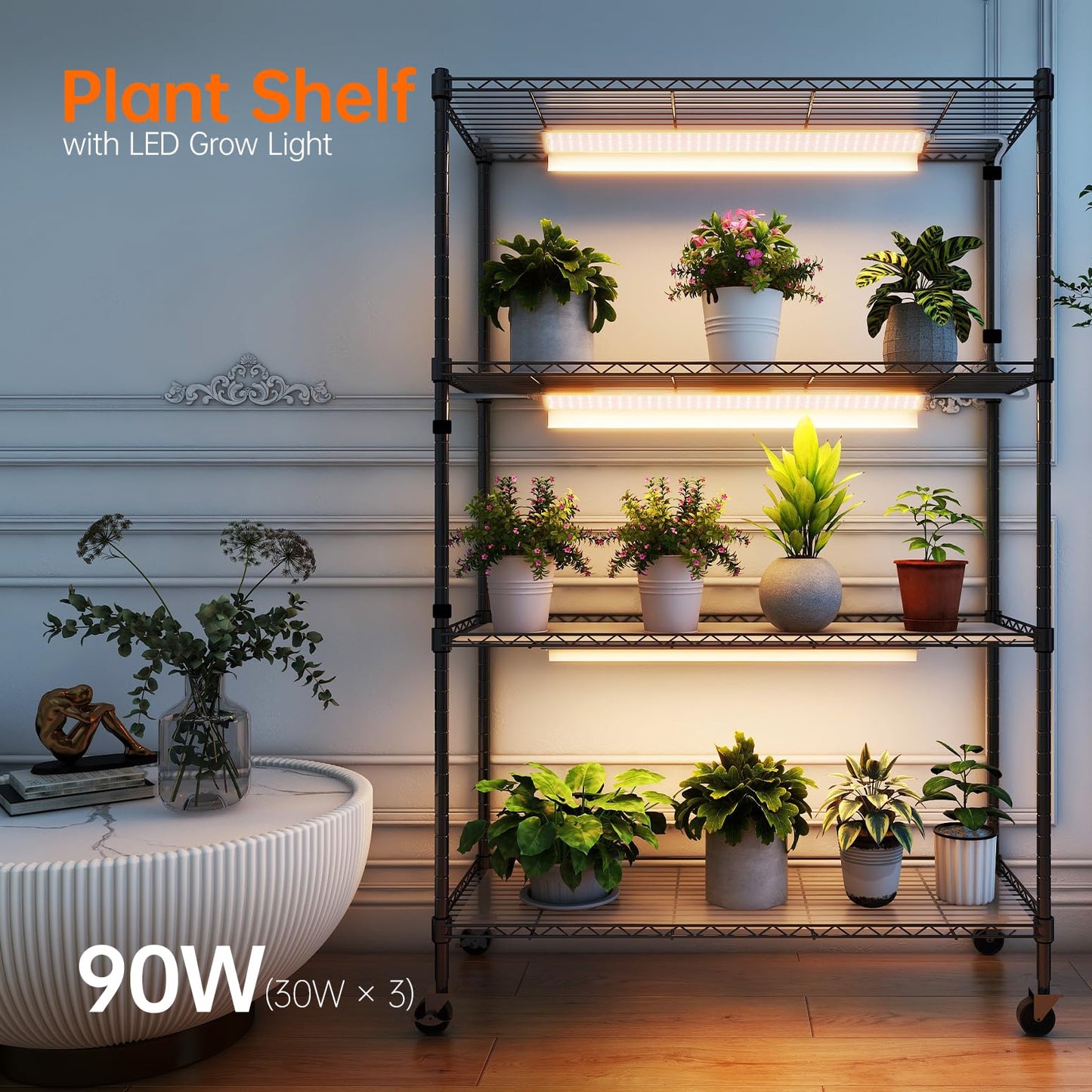 Bstrip 4-Tier Plant Shelf with Grow Lights, 30W T5 Full Spectrum, 35.4in L x 13.8in W x 59in H, Yellow,