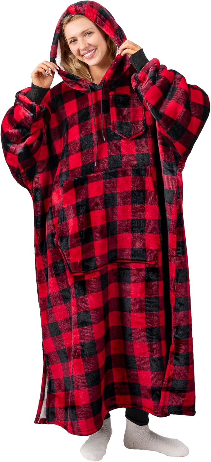 PAVILIA Blanket Hoodie for Women Red, Sherpa Wearable Blanket Men, Cozy Oversized Sweatshirt Blanket, Warm Fleece Hooded B...