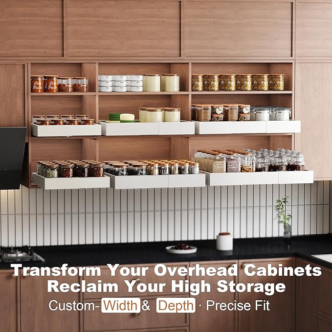 Pull out Cabinet Organizer,Width (11"-18") and Depth (10"-13") Expandable,No Drill Adjustable Slide out Drawers for Pantry,Adhesive Roll out Shelves Short,for upper cabinet,White