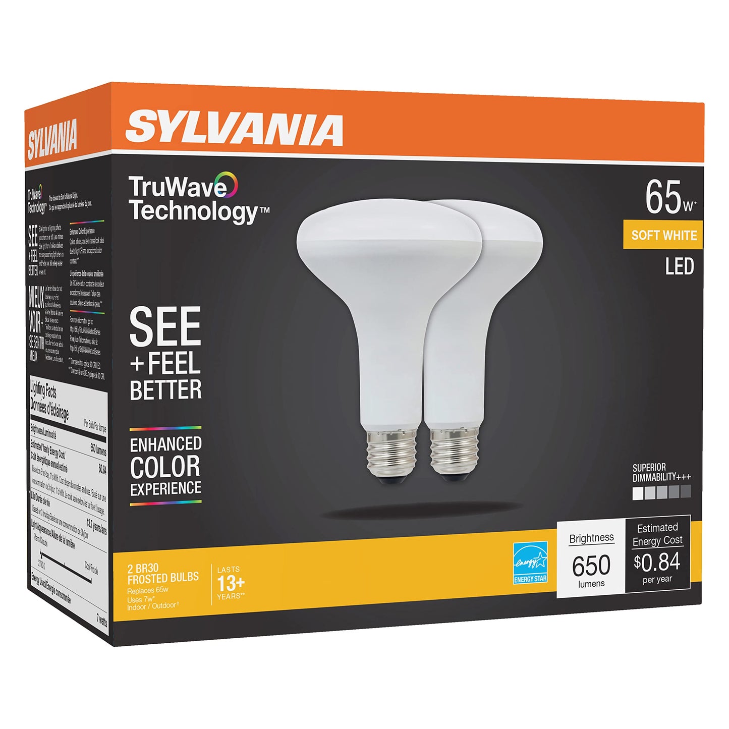 LEDVANCE SYLVANIA BR30 LED Light Bulb, Dimmable 7W, 650 Lumens, Soft White, 2 Pack, Model 40728