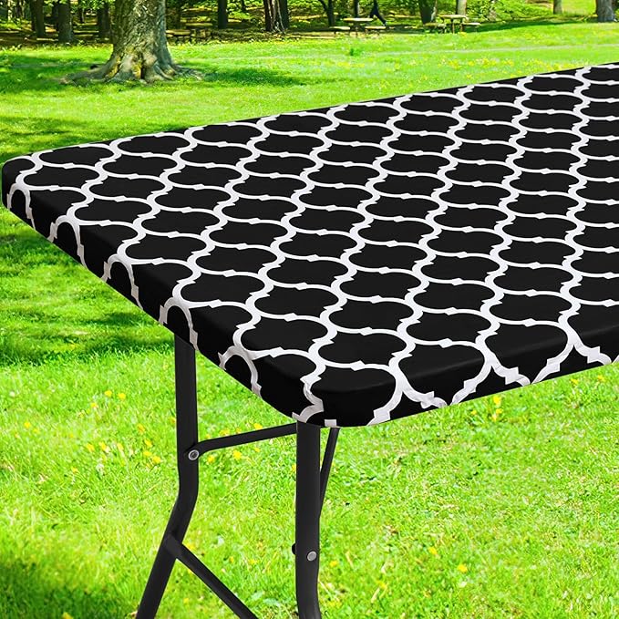 Smiry Rectangle Picnic Table Cover, Waterproof Elastic Fitted Camping Tablecloths for 4 Foot Tables, Wipeable Flannel Backed Vinyl Tablecloth Protector for Indoor, Outdoor (Black, 24x48 Inches)