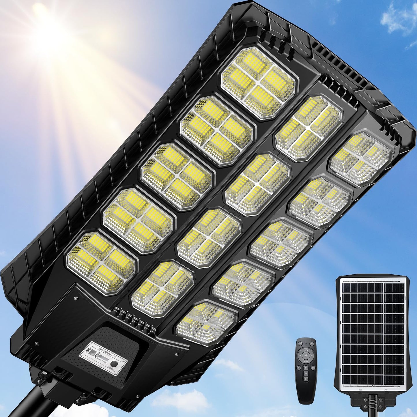ZIZIWIN Solar Street Light 9500W Waterproof with Motion Sensor & Remote, Wall/Pole Mount, White, Model ZZSSL