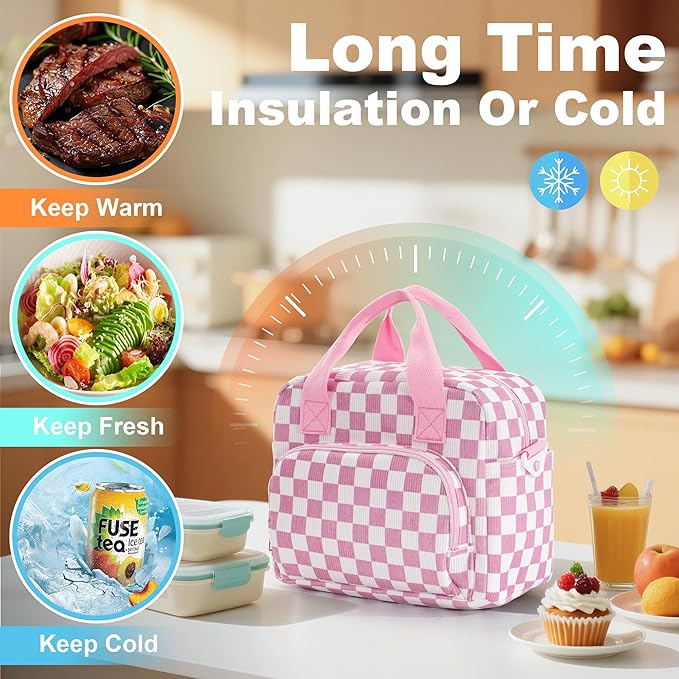 Large Lunch Bag for Women Insulated Lunch Box Reusable Cooler Bag Portable Cute Corduroy Leakproof Tote Bags for Travel, Work, and Picnic, Pink and White