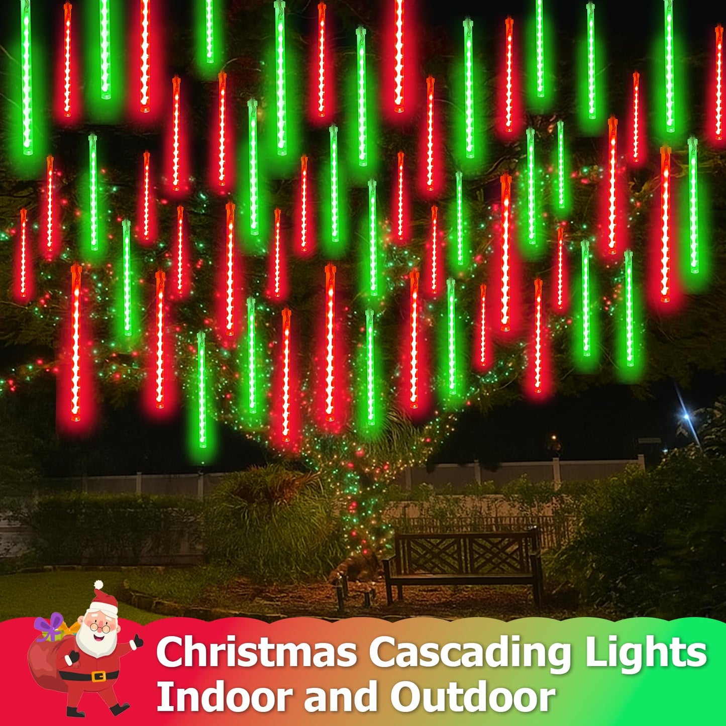2-Pack Extendable Meteor Shower Christmas Lights Outdoor  16 Tubes 384 Leds Waterproof Falling Rain String Lights  Christmas String Lights Outdoor For Tree Garden Holiday Decorations (Red And Green)