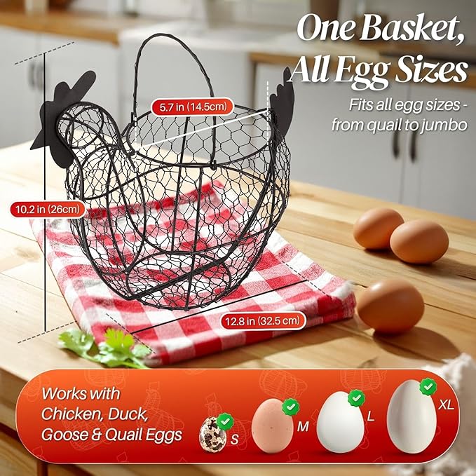 Flexzion Chicken Egg Basket for Collecting Eggs, Small Wire Egg Collecting Basket with Handle for Eggs, Fruits, Vegetables, Farmhouse Rustic Style Chicken Basket Decor for Kitchen Countertop, Brown