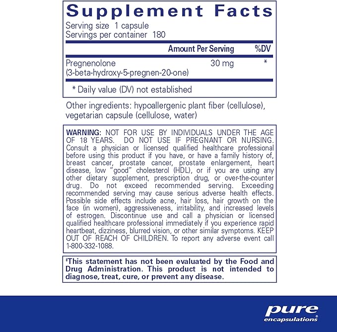 Pure Encapsulations Pregnenolone - 30 mg - Hormone Support - Memory Support & Brain Supplement - Gluten Free & Vegan - 180 Capsules