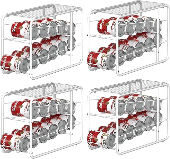 4 Pack Soda Can Organizer, Stackable Metal Can Dispenser for Pantry, Automatic Rolling Canned Food Organizer for Cabinet and Countertop, White.