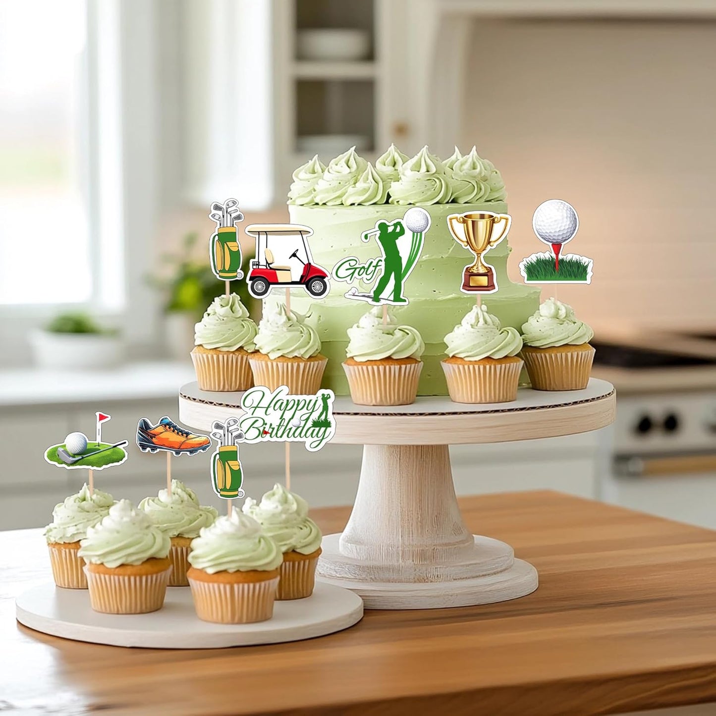 32 PCS Golf Cupcake Toppers Double Sided Trophy Golf Shoes Lawn Bag Ball Carts Cupcake Picks Sports Birthday Decorations for Sports Player Theme Baby Shower Kids Birthday Party Decoration Supplies