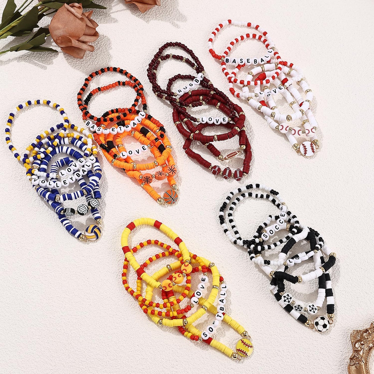 Cooluckday 36Pcs Sports Party Favors Charm Bracelets Bulk for Women Soccer Basketball Football Baseball Volleyball Softball Rugb