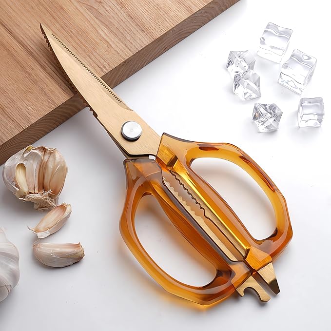 Jasni Transparent Handle Stainless Steel Sharp Powerful Kitchen Scissors Multi-Purpose Heavy Duty Food Scissors Kitchen Shears Chicken Poultry bone fish scales (Amber handle gold blade)