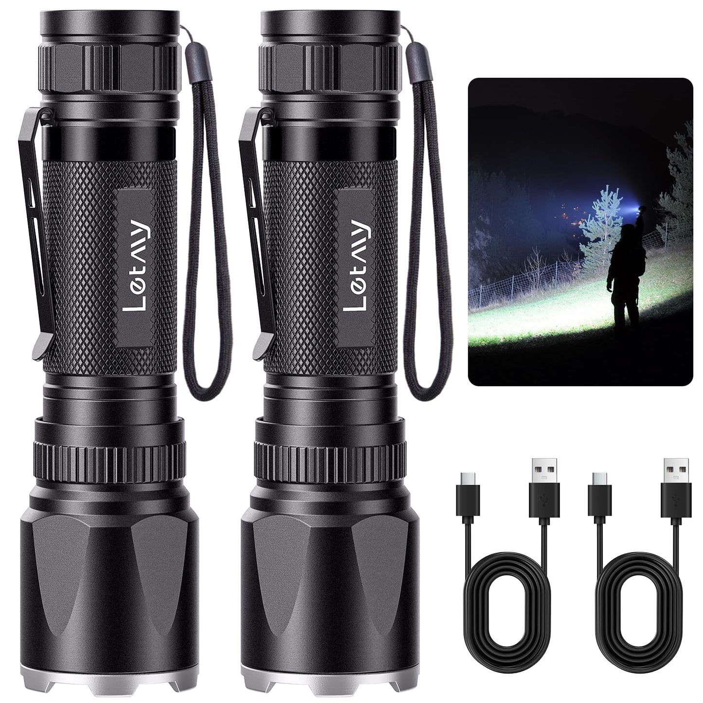 LETMY Rechargeable Flashlights, 2000 Lumens LED, 3 Modes, 2 Pack, Waterproof, Black