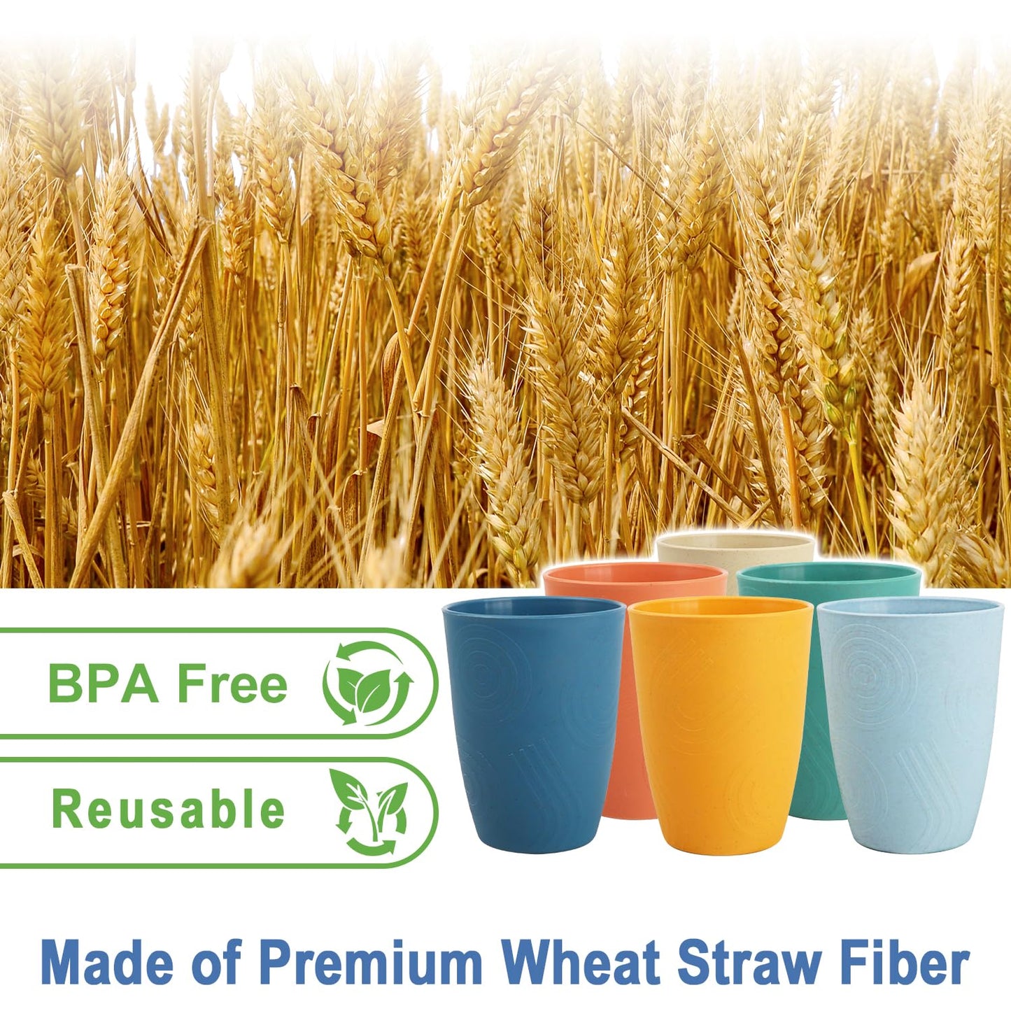 BUSOKIP 12 oz Wheat Straw Cups Set of 6, Alternatives to Plastic Cups Reusable, Unbreakable Drinking Glasses, Dishwasher Safe Drinking Cup, Small Water Cup for Kitchen (Multicolor)